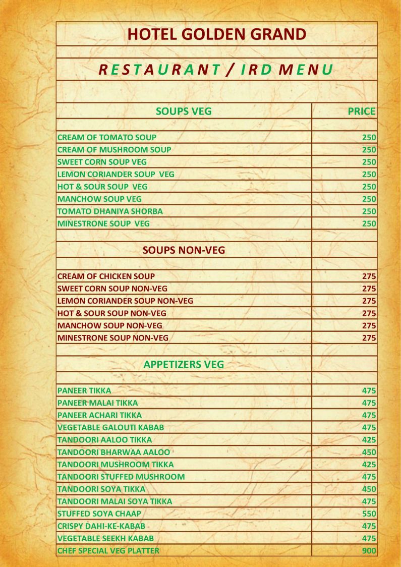 Hotel Golden Grand IRD Menu