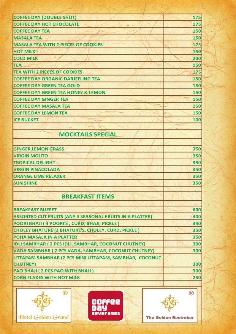 Hotel Golden Grand IRD Menu