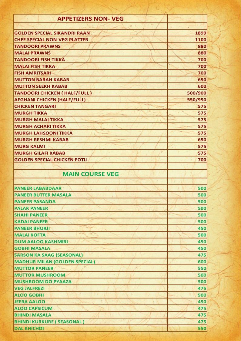 Hotel Golden Grand IRD Menu