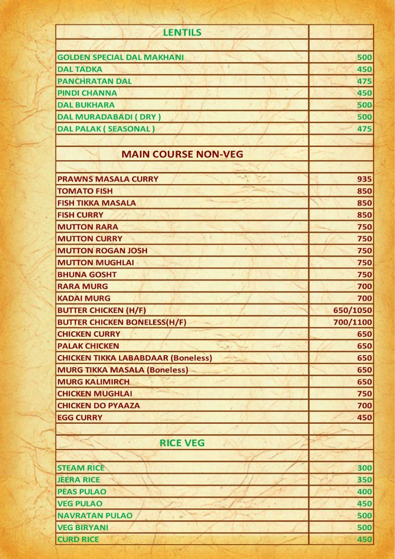 Hotel Golden Grand IRD Menu