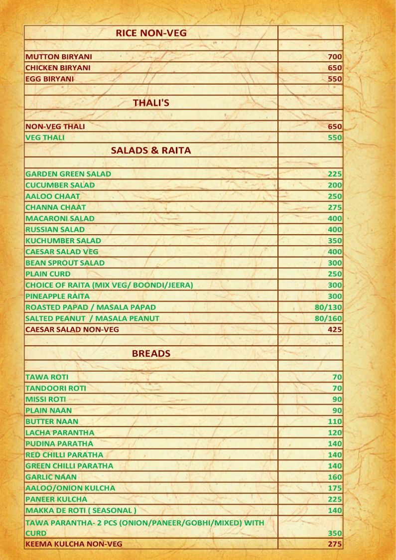 Hotel Golden Grand IRD Menu