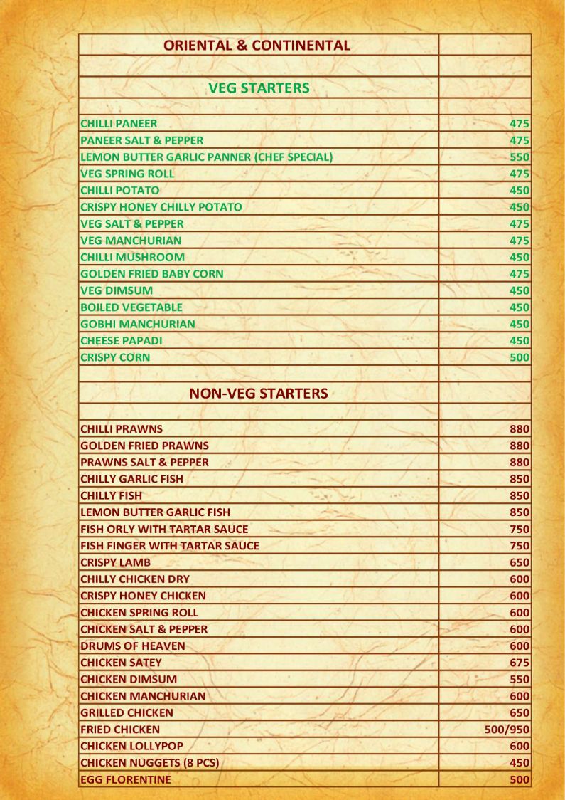 Hotel Golden Grand IRD Menu