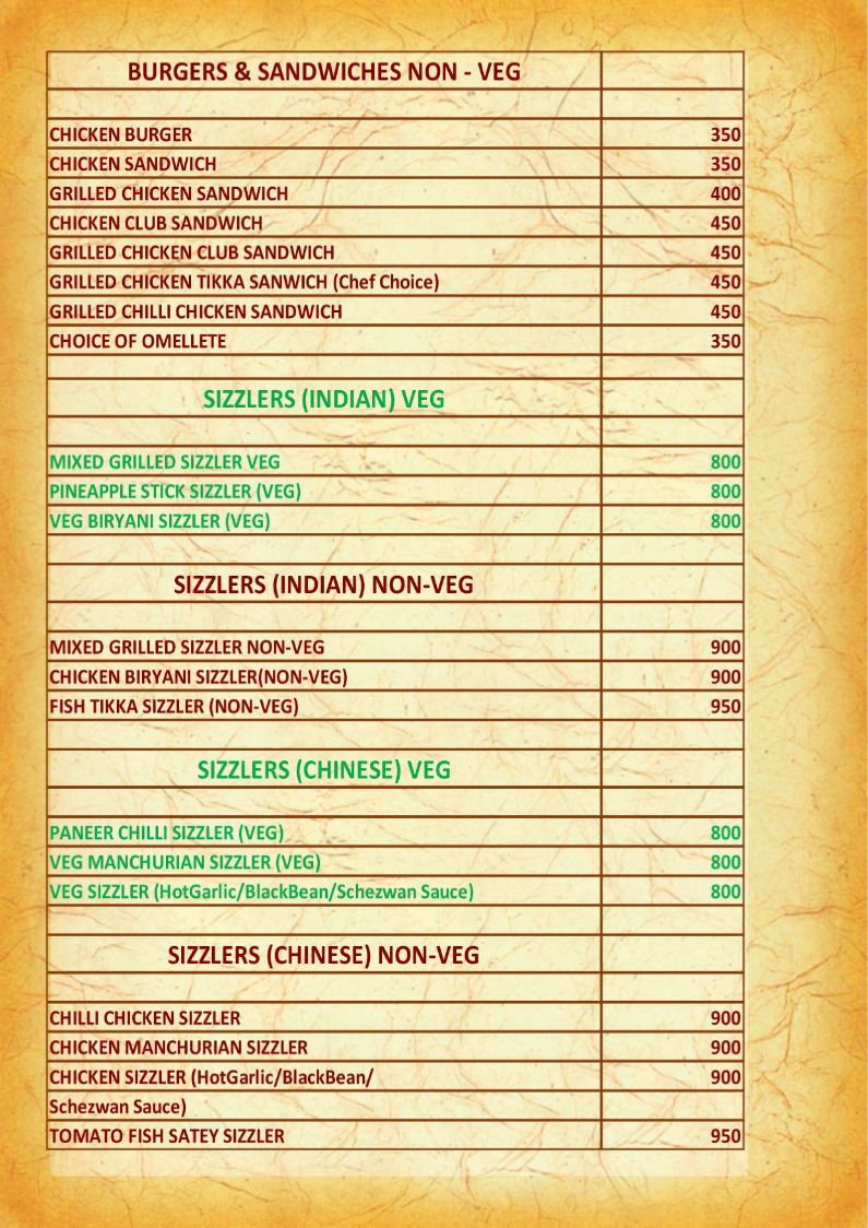 Hotel Golden Grand IRD Menu