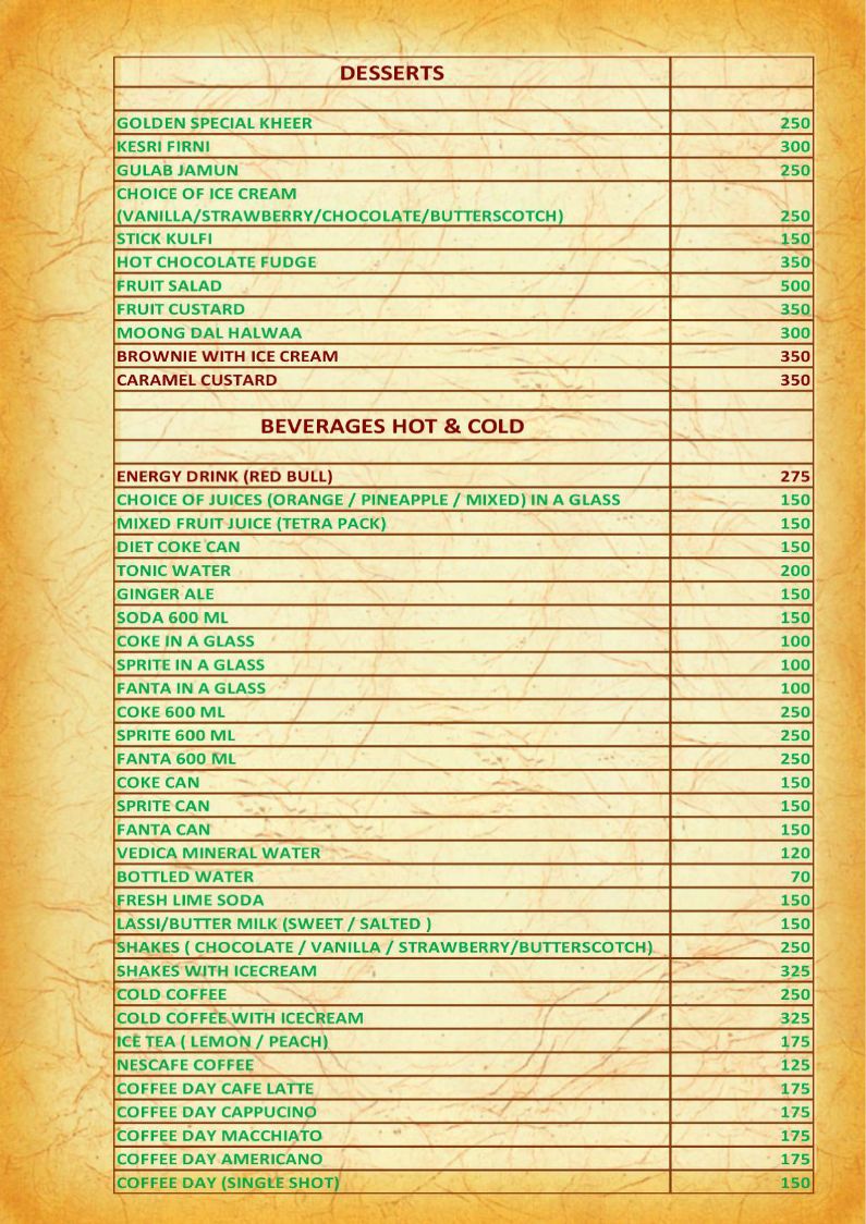 Hotel Golden Grand IRD Menu